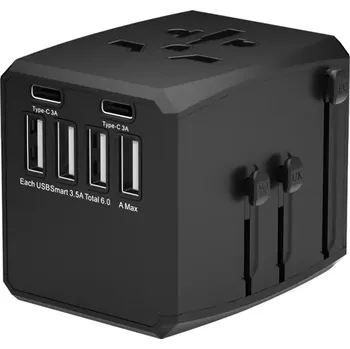 Cestovní adaptér Cestovní adaptér pro EU/UK/USA 2xUSB-C 4xUSB-A PD 30W Barva: Černá