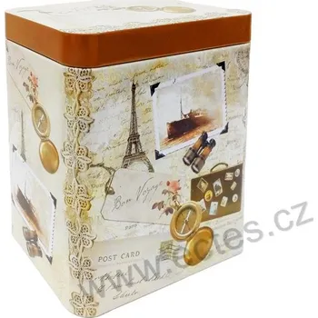Dóza na potraviny CESTOVÁNÍ béžová plechová dóza 3100 Eiffelovka, pohlednice, loď, kufr, kompas