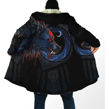 Pánská mikina Zimní mikina s kožíškem 3D potisk viking tattoo symbol Velikost: 3XL, Barva (Varianta): Plášť s kapucí 11