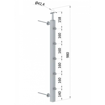 Nerezový sloup na francouzský balkón, boční kotvení, 5 řadový, průchozí, vrch pevný, (40x40x2.0 mm), broušená nerez K320