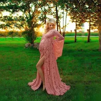 Dámské šaty Krajkové dlouhé šaty na těhotenské focení Barva: Růžová, Velikost: S