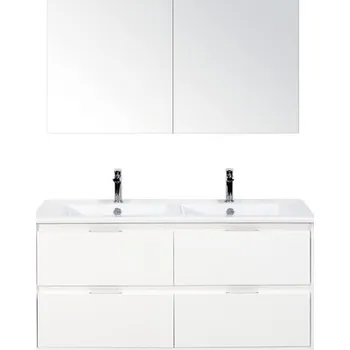 Koupelnový nábytek Koupelnový nábytkový set Porto 120 cm s keramickým dvojitým umyvadlem 4 zásuvky bílá lesklá a zrcadlovou skříňkou