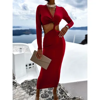 Dámské šaty Bordó dlouhé elegantní šaty LANTIC s dlouhým rukávem Velikost: ONESIZE