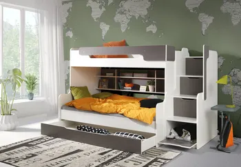 Dětská postel Dětská patrová postel s rozšířeným spodním lůžkem a šuplíkem Harry 155 x 260 x  129 cm bílá/šedá