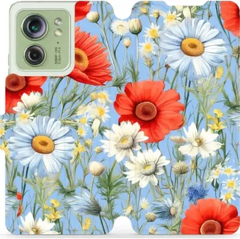 Pouzdro na mobilní telefon Flipové pouzdro Mobiwear - Motorola Edge 40 5G - VP44S Červené a bílé květy (Knížkové flip pouzdro, obal, kryt na mobil Motorola Edge 40 5G - VP44S Červené a bílé květy, materiál Umělá kůže + TPU - ochrana 360°, stojánek, silikonová vanička, magnetické)