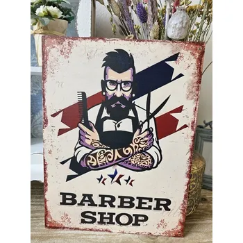 Plechová cedule Béžová antik nástěnná kovová cedule Barber Shop - 25*33 cm