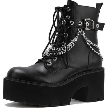 Dámské kozačky Kotníkové boty na širokém podpatku s řetězy Barva: Černá, Velikost: 40