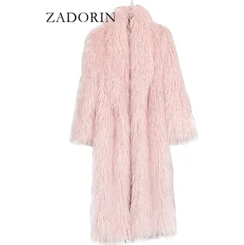 Dámský kabát Dlouhý kožešinový kabát kožich chlupatý s límcem Barva: Růžová, Velikost: S