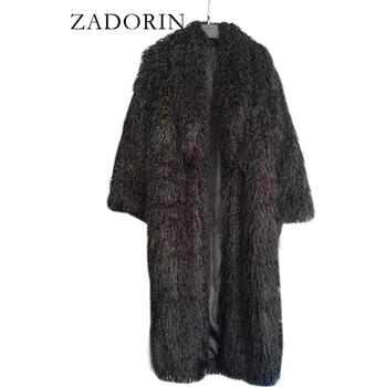 Dámský kabát Dlouhý kožešinový kabát kožich chlupatý s límcem Barva: Černá, Velikost: S