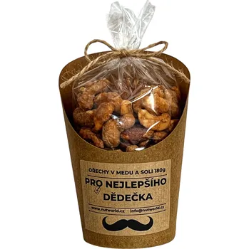 Sušená potravina Nutworld.cz Mix ořechů v medu a soli v celofánku a kelímku 180g - PRO NEJLEPŠÍHO DĚDEČKA