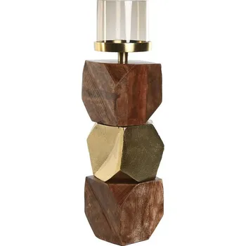 Svíčka Svícen DKD Home Decor Moderní Sklo Aluminium Mangové dřevo Zlatá Kaštanová (10 x 10 x 40,5 cm)