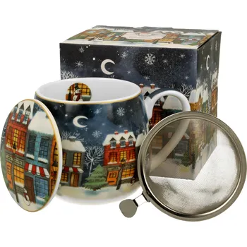 DUO Gifts DG - Vánoční porcelánový hrnek barylka CHRISTMAS CITY se sítkem a víčkem v dárkové krabičce - 430 ml