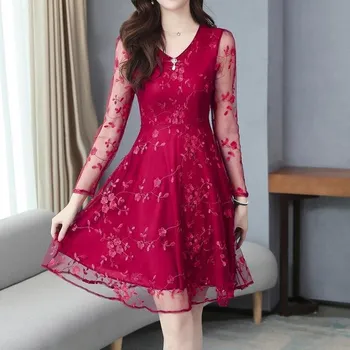 Dámské šaty Čína Elegantní společenské šaty s dlouhým rukávem, s dvojvrstvým efektem a drobnými vyšívanými kvítky Barva: vínová (Long Sleeve Claret), Velikost: 5XL