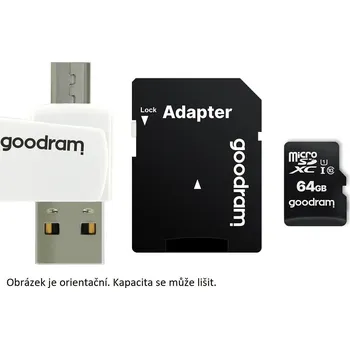 Paměťová karta GOODRAM microSDXC karta 128GB M1A4 All-in-one (R:100/W:10 MB/s), UHS-I Class 10, U1 + Adapter + OTG M1A4-1280R12