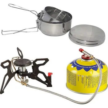Turistický vařič Set vařič Spider PRO s piezo, plynová kartuše a nerezový ešus (cestovní plynový vařič SPIDER PRO + piezo zapalování + plynová kartuše + trojdílný nerezový ešus)
