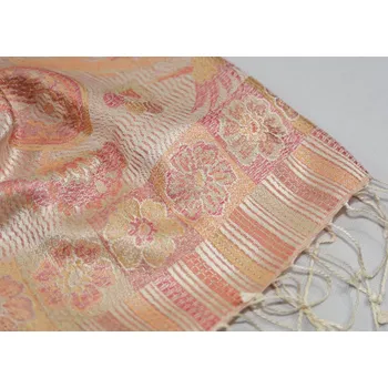 Šála Hedvábná šála Jamawar velká - Béžová, růžová a oranžová s ornamenty