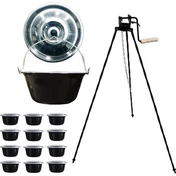 Kempingové nádobí Smaltovaný kotlík 13 L + stojan s kladkou VAR + nerezová poklice a misky 12 ks