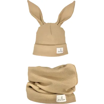 Dívčí mikina Mimilove Sada čepičky KRÁLÍČEK s nákrčníkem Camel 2-4 let