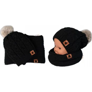 Čepice BABY NELLYS Zimní dvouvrstvá čepice s bambulí + komínek Star, černá, Velikost koj. oblečení 104-110 (3-5r)