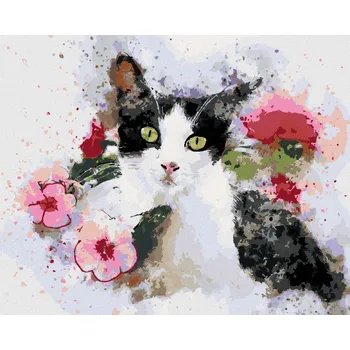Diamondi Diamantové malování - ČERNOBÍLÁ KOČKA A RŮŽOVÉ KVĚTINY Rozměr: 40x50 cm, Rámování: bez rámu a bez vypnutí plátna