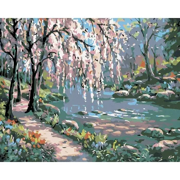 Diamondi Diamantové malování - RŮŽOVÝ STROM NAD ŘEKOU Rozměr: 40x50 cm, Rámování: bez rámu a bez vypnutí plátna