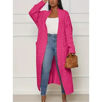 Dámský svetr Elegantní a extra dlouhý pletený cardigan s kapsami Barva: Růžová, Velikost: 5XL