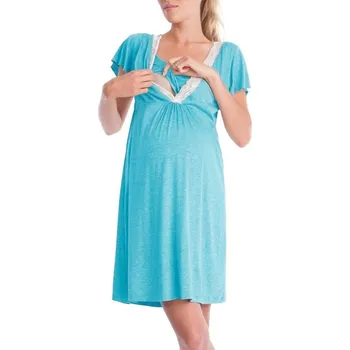 Dámská noční košile Pohodlná a stylová těhotenská/kojící noční košilka s krajkou Barva: modrá, Velikost: S