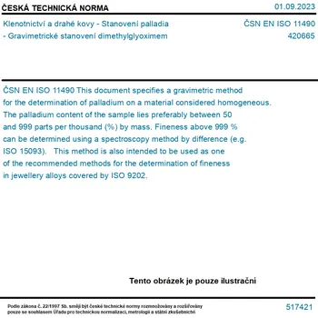ČSN EN ISO 11490 - Klenotnictví a drahé kovy - Stanovení palladia - Gravimetrické stanovení dimethylglyoximem - Tisk