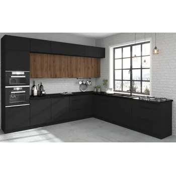 Kuchyňská linka Kuchyňská linka Siena černá matná / Monza ořech okapi, Rohová sestava B, 330 x 300 cm
