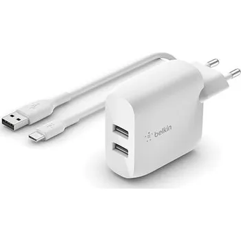 Belkin BOOST CHARGE™ Duální 24W USB-A nástěnná nabíječka + 1m USB-C kabel, bílá