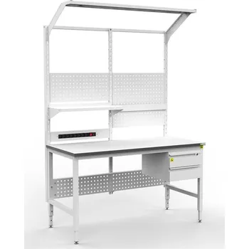 Dílenský stůl ESD pracovní stůl ALFA se zásuvkami, dělenou nástavbou a osvětlením, 1500 x 700 mm