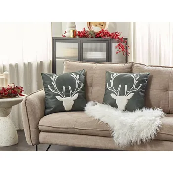 Polštář Sada 2 polštářů zelený samet 45 x 45 cm Motiv soba Vánoční doplňky Slavnostní dekorace Beliani