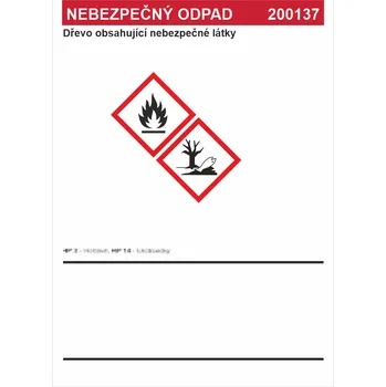 Značení Nebezpečný odpad 200137 - Dřevo obsahující nebezpečné látky Samolepka PVC A7 (105 x 74 mm)