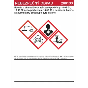 Značení Nebezpečný odpad 200133 -	Baterie a akumulátory, zařazené ... Samolepka PVC A6 (148 x 105 mm)