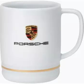 PORSCHE Crest Cup Essential Šálek na kávu nebo čaj 270 ml bílá (Bílý hrníček ozdobený zlatým kroužkem a znakem i nápisem Porsche)