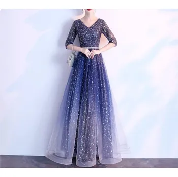 Dámské šaty Čína Elegantní plesové/společenské šaty s dvouvrstvou sukní Barva: Image2 modré dlouhé úzký rukáv, Velikost: L