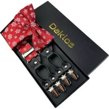 Kšandy Luxusní set červený, elegantní vánoční vzor - Motýlek, kšandy (šle) a kapesníček v dárkovém balení