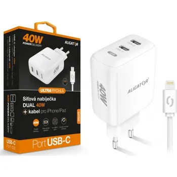Elektrická zásuvka Nabíječka Aligator 2xUSB-C + kabel Lighting 230V/5V 40W bílá