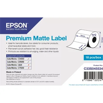 Samolepící etiketa Epson C33S045534 Premium Matte, pro ColorWorks, 76x51mm, 650ks, bílé samolepicí etikety