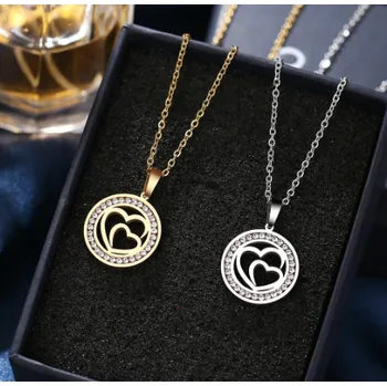 Náhrdelník Náhrdelník z nerezové oceli srdce v kruhu s kamínky, Varianta Zlatá