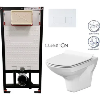 Klozet DEANTE Podomítkový rám, pro závěsné WC mísy + SLIM tlačítko bílé + WC CERSANIT CLEANON CARINA + SEDÁTKO CST_WC01 A51P CA3