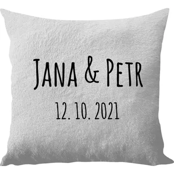 Polštář Polštář bílý 40x40 cm - dlouhý chlup Jména a datum písmo 1