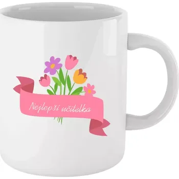 Hrnek 330 ml - bílý Nejlepší učitelka - růžová stuha