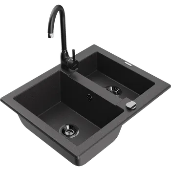 Granitový dřez Mexen Carlos žulový dřez 1,5-komorový s kuchyňskou baterií Telma, černý skvrnitý - 6518-76-670200-70-B Granitové dřezy s baterií
