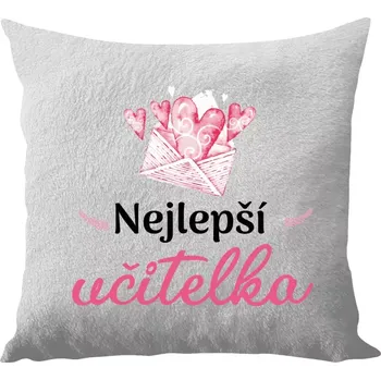 Polštář Polštář bílý 40x40 cm - dlouhý chlup Nejlepší učitelka - obálka se srdíčkem