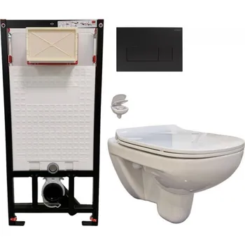 Klozet DEANTE Podomítkový rám, pro závěsné WC mísy + SLIM tlačítko černé + WC bez oplachového kruhu Edge + SEDÁTKO CST_WC01 N51P EG1