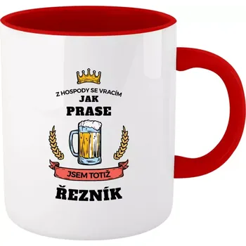 Hrnek pro řezníky - Z hospody se vracím - Řezník - červený vnitřek a ucho 330 ml