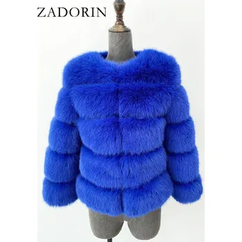 Dámská parka Chlupatá kožešinová bunda zimní kožich s dlouhým rukávem Barva: Modrá, Velikost: 3XL