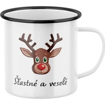 Plecháček s potiskem Vánoční sobík hnědý - šťastné a veselé