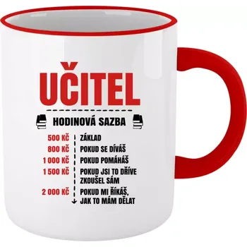 Hrnek pro učitele - Hodinová sazba - učitel - červený lem a ucho 330 ml